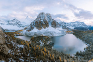 Panoramic view of Mount Assiniboine and Sunburst peak, Great Divide, Canadian Rockies, Alberta, Canada Panoramic view of Mount Assiniboine and Sunburst peak, Great Divide, Canadian Rockies, Alberta, Canada